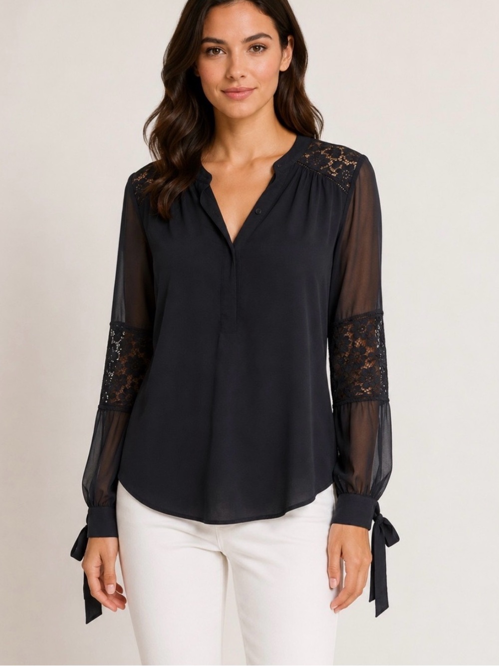 Rebecca Taylor navy blue silk lace blouse with tie sleeves